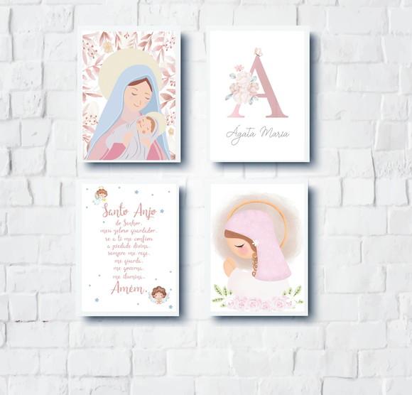 Kit Quadros Infantil Nossa Senhora e Oração Anjo da Guarda