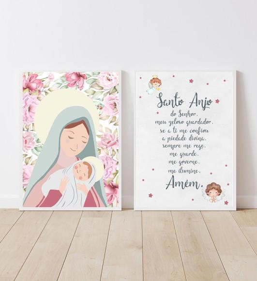 Kit Quadros Infantil Nossa Senhora Floral e Oração Anjo A3
