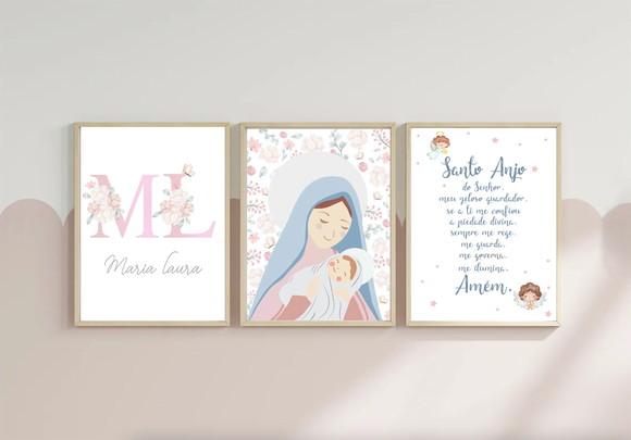 Kit Quadros Infantil Nossa Senhora Nome e Oração Anjo A3