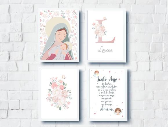 Kit Quadros Infantil Nossa Senhora Oração Nome Flores A3