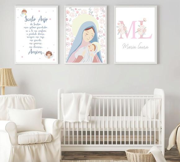 Kit Quadros Infantil Nossa Senhora Nome e Oração Anjo A3