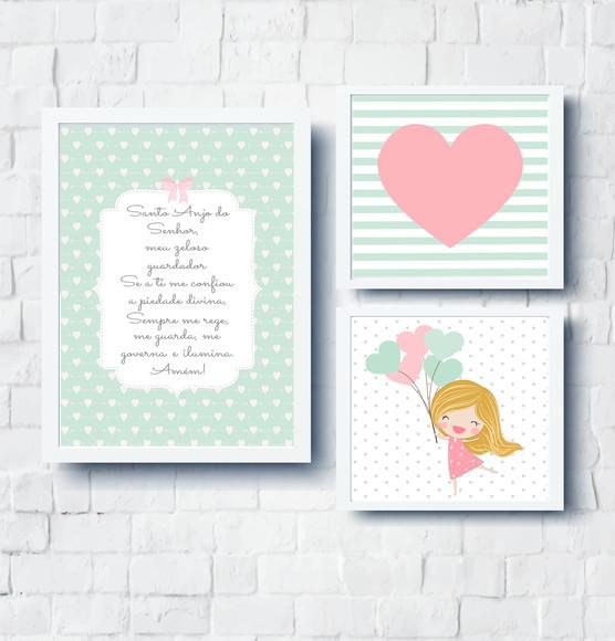 Kit Quadros Infantil Oração Coração e Menina Balões