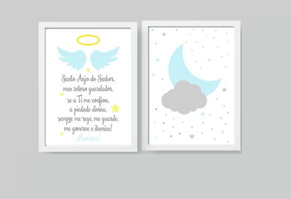 Kit Quadros Infantil Oração Anjo da Guarda e Lua, Nuvem A4