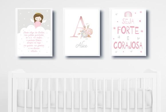 Kit Quadros Infantil Oração Nome Floral e Seja Forte