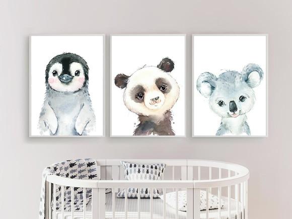 Kit Quadros Infantil Pinguim Coala e Panda A3