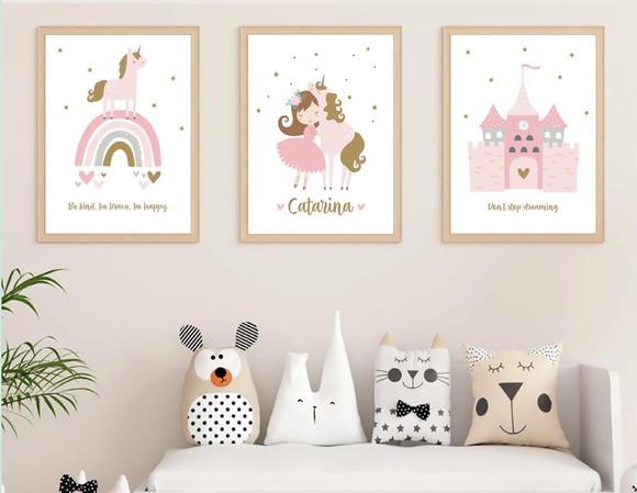 Kit Quadros Infantil Princesa Unicórnio e Castelo A4