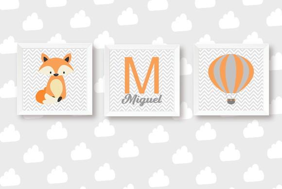 Kit Quadros Infantil Raposa Balão Nome Personalizado
