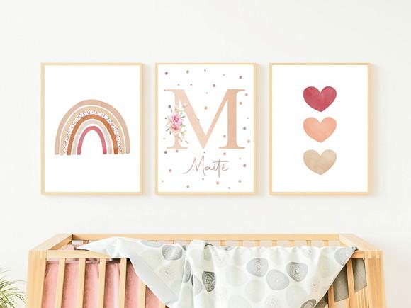 Kit Quadros Infantil Rosê Arco Íris Corações Nome Floral A3