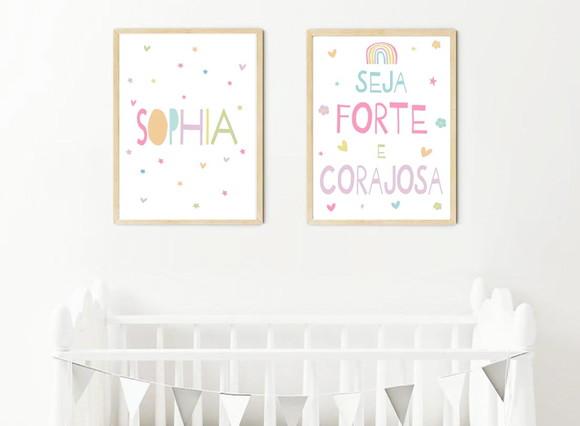 Kit Quadros Infantil Seja Forte e Corajosa e Nome A3