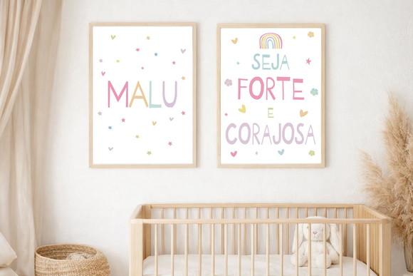 Kit Quadros Infantil Seja Forte e Corajosa e Nome A4