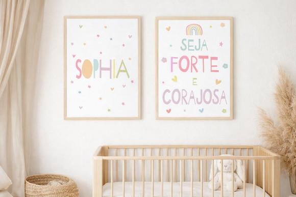 Kit Quadros Infantil Seja Forte e Corajosa e Nome A4