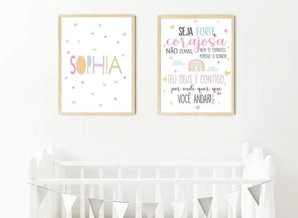 Kit Quadros Infantil Seja Forte e Corajosa e Nome A4