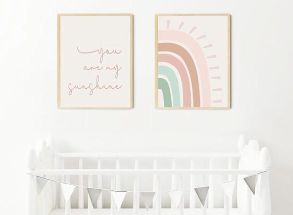 Kit Quadros Infantil Sunshine e Arco Íris Rosê e Verde A3