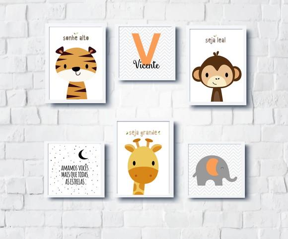 Kit Quadros Infantil Tigre Macaco e Girafa e Nome