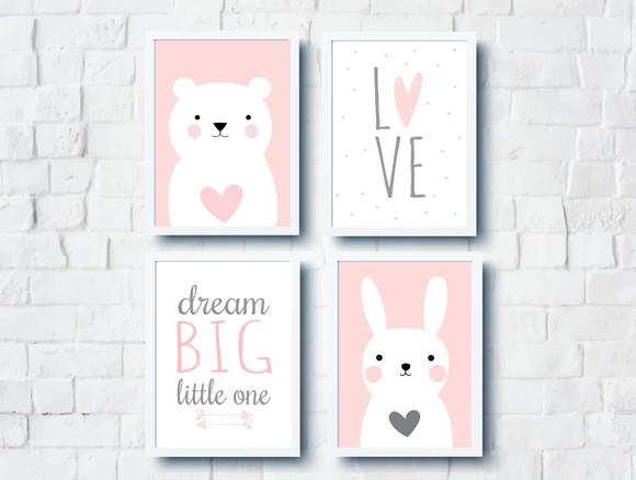 Kit Quadros Infantil Ursa Coelha Dream Big e Love A4