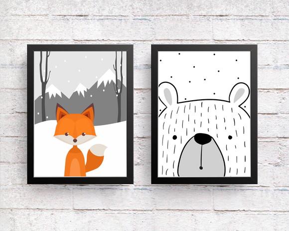 Kit Quadros Infantil Urso Escandinavo e Raposa