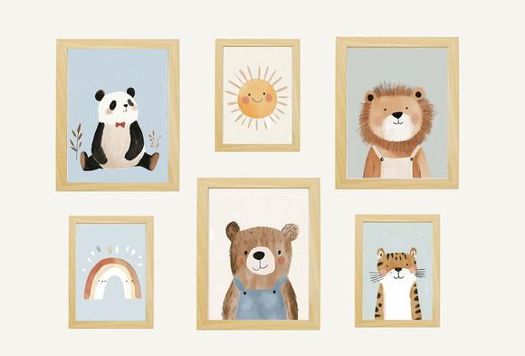 Kit Quadros Infantil Urso Leão Panda Sol