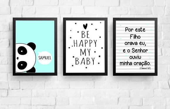 Kit Quadros Infantil Urso Panda Be Happy Versículo A4