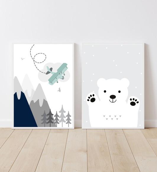 Kit Quadros Infantil Urso Polar e Avião e Montanhas A3