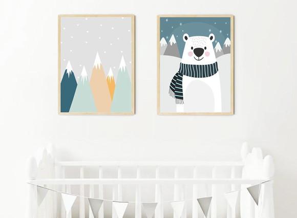 Kit Quadros Infantil Urso Polar e Montanhas Escandinavas A4