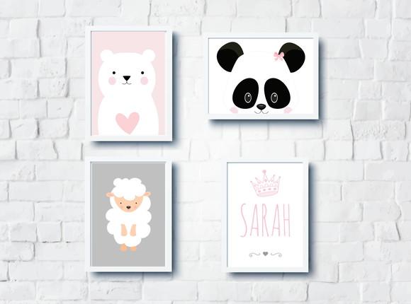 Kit Quadros Infantil Ursos Ovelha Nome Personalizado A4