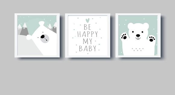 Kit Quadros Infantil Ursos Polares e Be Happy Escandinavo