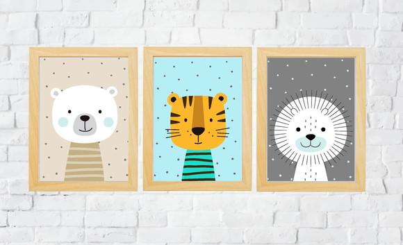 Kit Quadros Madeira Tigre Leão Urso A4