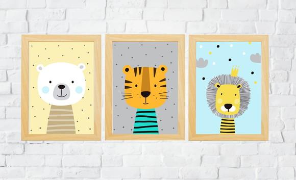 Kit Quadros Madeira Tigre Leão Urso Baby A4