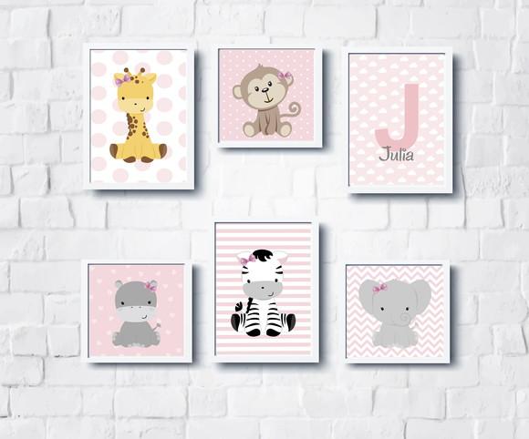 Kit Quadros Menina Animais Safari Bebê