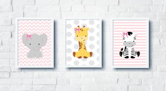 Kit Quadros Menina Animais Safari Baby- A4