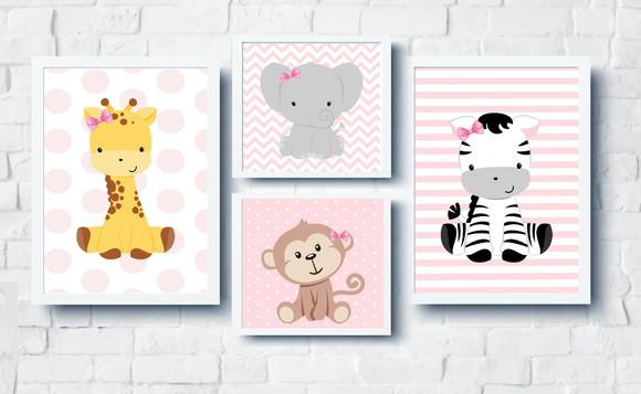 Kit Quadros Menina Animais Safari Bebê