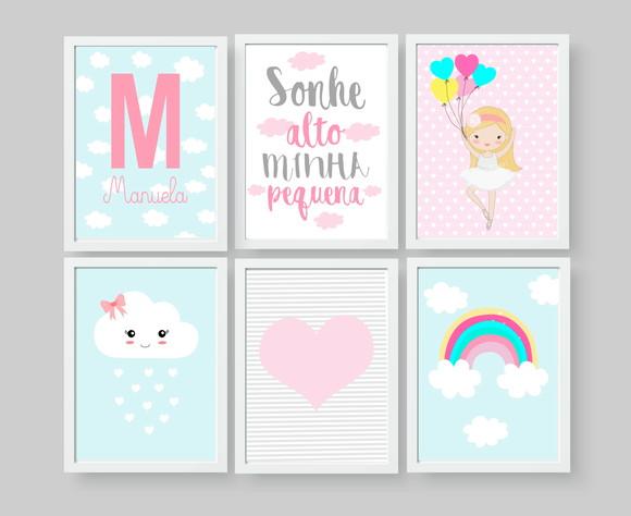 Kit Quadros Menina Bailarina Nuvens Arco Íris Sonhe Alto A4
