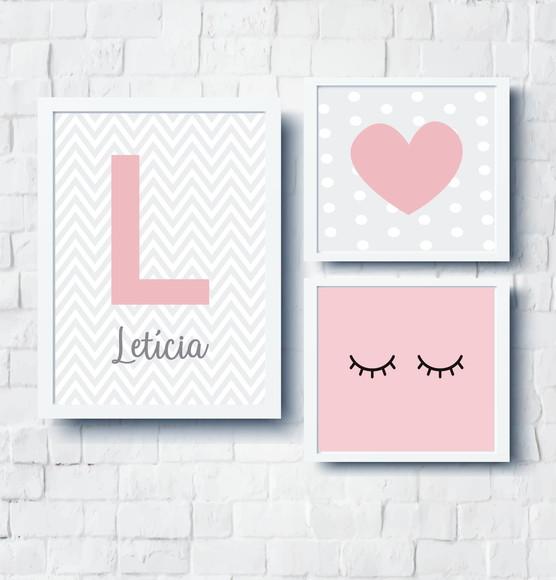 Kit Quadros Nome Personalizado Coração e Olhinhos