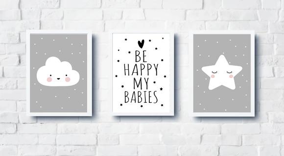 Kit Quadros Nuvem Estrela e Be Happy A4