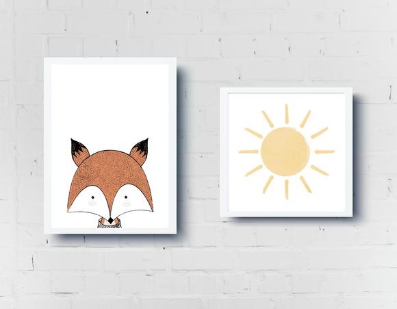 Kit Quadros Quarto Infantil Raposa e Sol