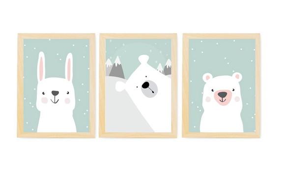 Kit Quadros Quarto Infantil Ursos Polares e Coelho A3