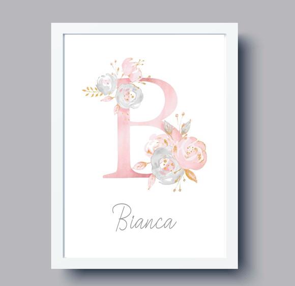 Quadro Infantil Inicial Aquarela Floral Personalizado