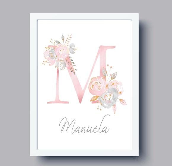 Quadro Infantil Inicial Aquarela Floral Personalizado