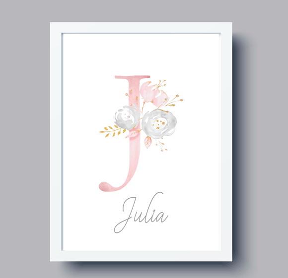 Quadro Infantil Inicial Aquarela Floral Personalizado