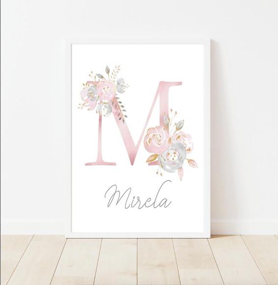 Quadro Infantil Inicial Nome Floral Aquarela A4