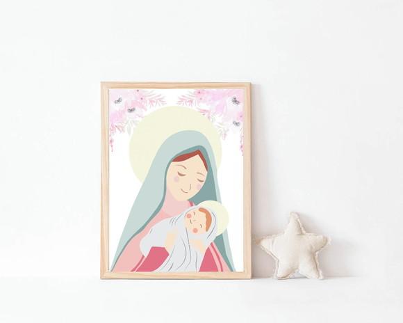 Quadro Infantil Maria e Menino Jesus Aquarela Floral A3