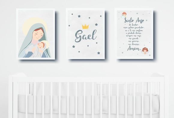 Quadro Infantil Maria e Menino Jesus Nome e Oração Anjo A3