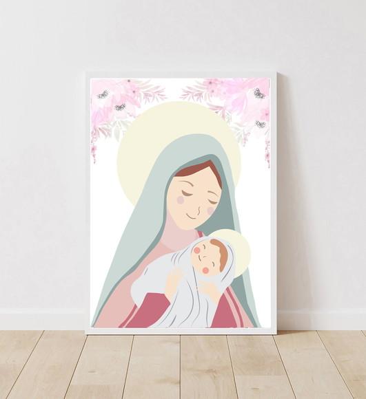 Quadro Infantil Maria e Menino Jesus Aquarela Floral A3
