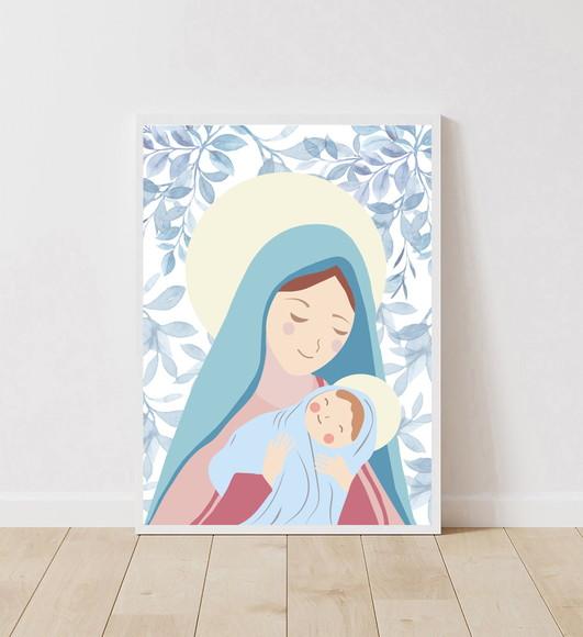 Quadro Infantil Nossa Senhora Floral Azul A3