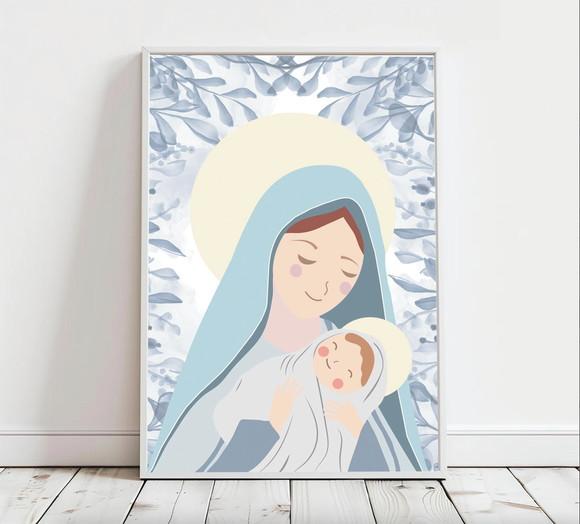 Quadro Infantil Nossa Senhora Folhagem Azul