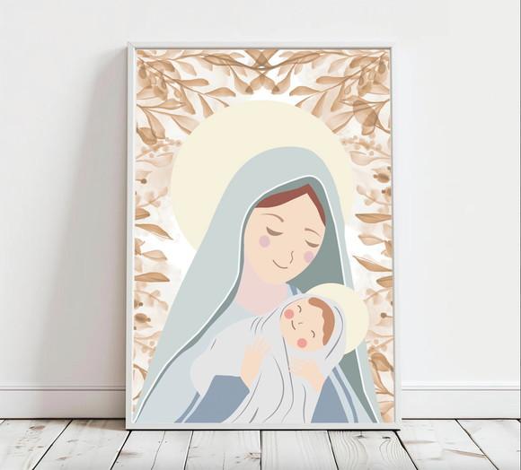 Quadro Infantil Nossa Senhora Folhas Bege A3