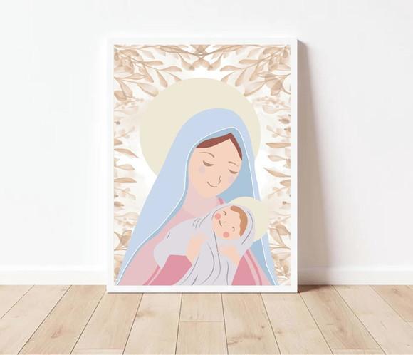 Quadro Infantil Nossa Senhora Folhas Bege A3