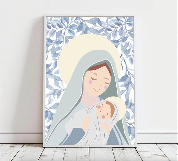 Quadro Infantil Nossa Senhora Folhas Azul A3