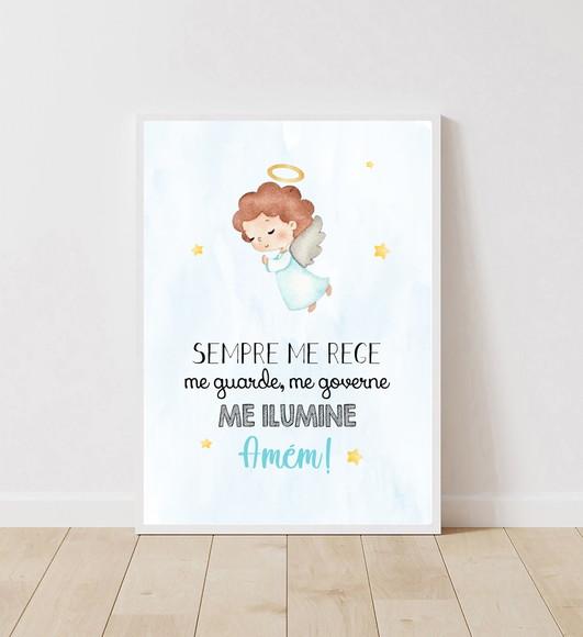 Quadro Infantil Oração Anjo da Guarda Aquarela A4