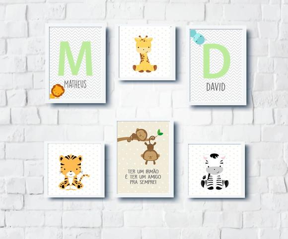 Quadros Bebê Animais Safari Irmãos Girafa Zebra Tigre Macaco